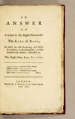 Cover for An answer to a letter to the Right Honourable the Earl of B***