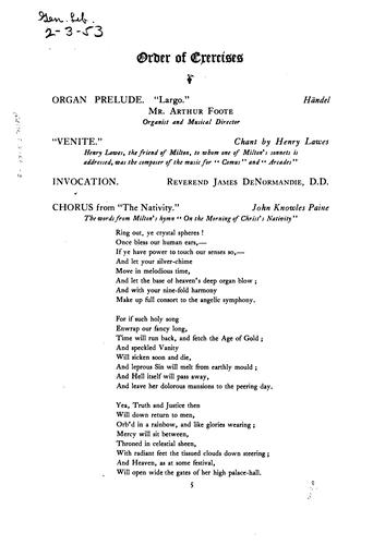 Cover for The Commemoration of the Tercentenary of the Birth of John Milton, at the First Church in Boston ...
