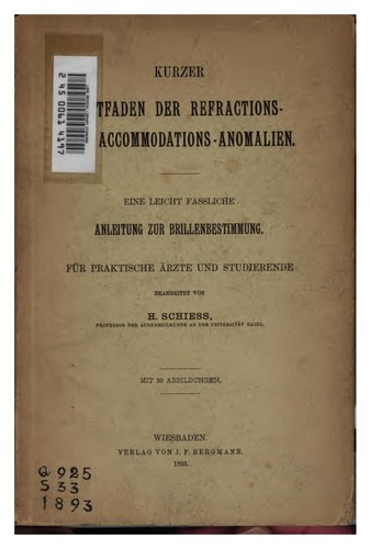 Cover for Kurzer leitfaden der refraktions- und akkommodations-anomalien.