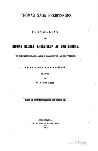 Cover for Thomas saga erkibyskups: Fortælling om Thomas Becket, erkebiskop af ...