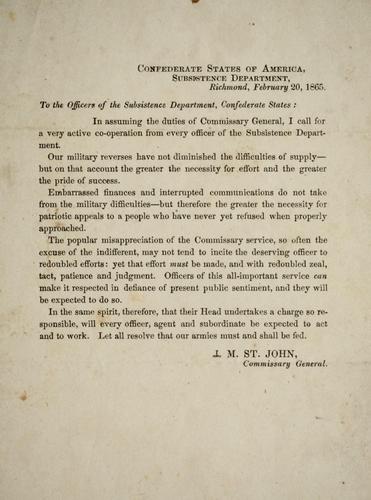 Cover for [Circular] to the officers of the Subsistence Department, Confederate States