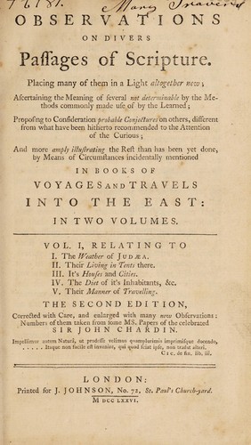 Cover for Observations on divers passages of Scripture ... placing many of them in a light altogether new ... by means of ... books of voyages and travels into the East ...