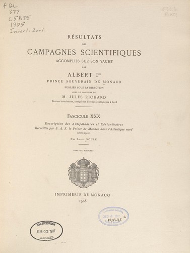 Cover for Description des Antipathaires et Cérianthaires recueillis par S.A.S. le Prince de Monaco dans l'Atlantique nord