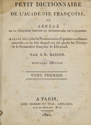 Cover for Petit dictionnaire de l'Académie françoise