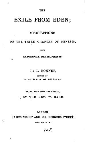 Cover for The exile from Eden, meditations on the third chapter of Genesis, tr. by W. Hare