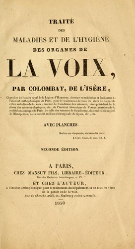 Cover for Traité des maladies et de l'hygiène des organes de la voix