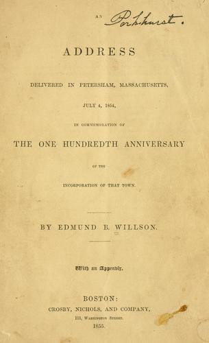 Cover for address delivered in Petersham, Massachusetts, July 4, 1854, in commemoration of the one hundredth anniversary of the incorporation of that town