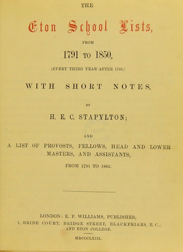 Cover for The Eton School lists, from 1791 to 1850