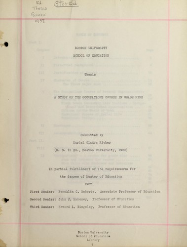 Cover for A study of the occupations course in grade nine