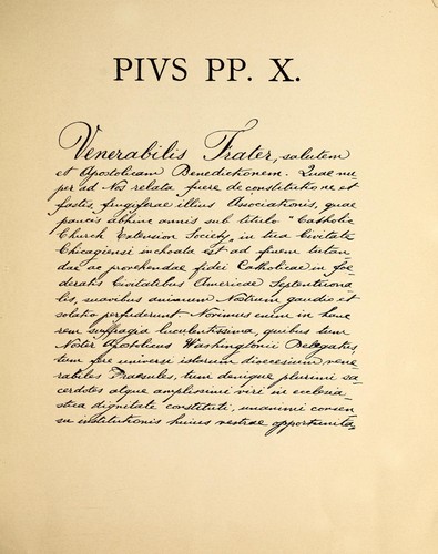 Cover for [Facsimile of apostolic brief in Latin to Archbishop James Edward Quigley dated June 9, 1910, addressed to 'Venerabili Fratri Jacobo Eduardo, Archiepiscopo Chicagiensi,' signed by Cardinal Merry del Val.]