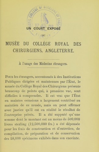 Cover for Un court expos©♭ du Mus©♭e du Col  lege Royal des Chirugiens, Angleterre