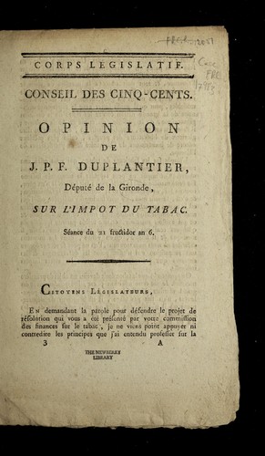 Cover for Opinion de J.P.F. Duplantier, de pute  de la Gironde, sur l'impot du tabac