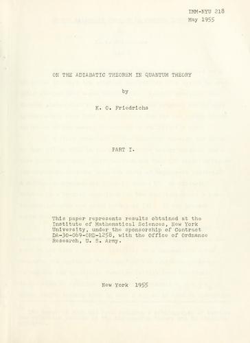 Cover for On the adiabatic theorem in quantum theory.  Part I.