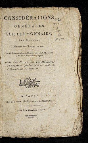 Cover for Conside rations ge ne rales sur les monnaies