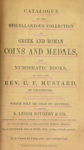 Cover for Catalogue of the miscellaneous collection of Greek and Roman coins and medals, and numismatic books, of the late Rev. C.F. Mustard, of Colchester ...