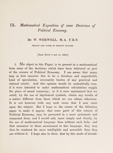 Cover for Mathematical exposition of some doctrines of political economy.