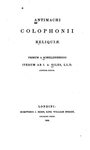 Cover for Antimachi Colophonii Reliquiæ