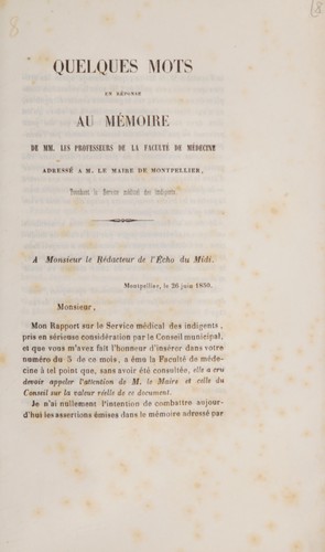 Cover for Quelques mots en réponse au mémoire de MM. les professeurs de la Faculté de Médecine adressé à M. le Maire de Montpellier, touchant le service médical des imdigents