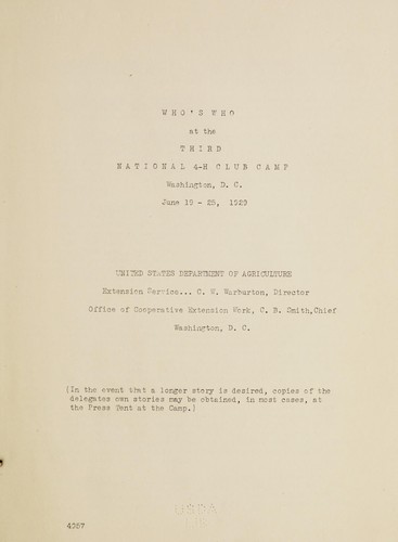 Cover for Who's who at the third National 4-H Club Camp, Washington, D. C., June 19 - 25, 1929