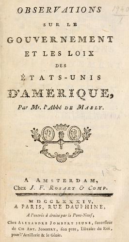 Cover for Observations sur le gouvernement et les loix des États-unis d'Amérique