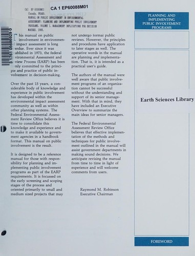 Cover for Manual on public involvement in environmental assessment