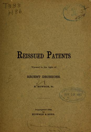 Cover for Reissued patents viewed in the light of recent decisions