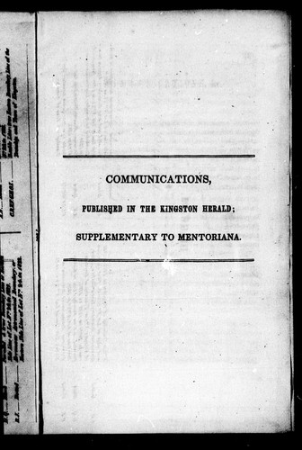 Cover for Communications published in the Kingston Herald, supplementary to Mentoriana