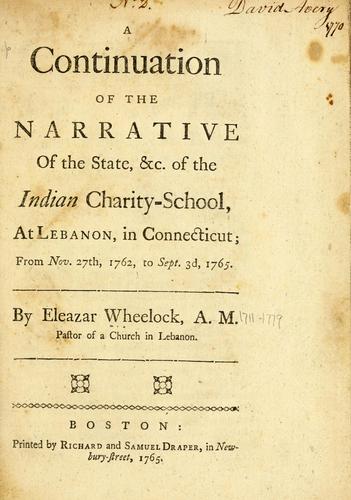 Cover for A continuation of the narrative of the state, &c. of the Indian charity-school, at Lebanon, in Connecticut