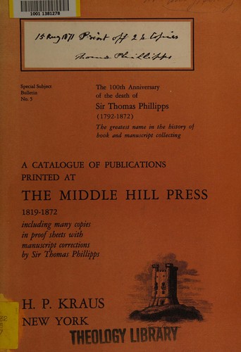 Cover for A catalogue of publications printed at the Middle Hill Press, 1819-1872