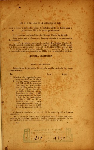 Cover for Receita Geral de 1911. Orça a receita geral da República dos Estados Unidos do Brazil para o exercício de 1911 e dá outras Providencias. Lei N.º 2.321,  de 30 de Dezembro de 1910