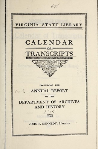 Cover for Calendar of transcripts, including the annual report of the Department of archives and history