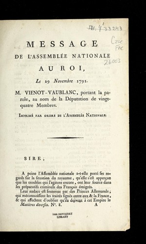 Cover for Message de l'Assemble e nationale au roi, le 29 novembre 1791