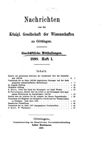 Cover for Nachrichten von der königlichen Gesellschaft der Wissenschaften zu Göttingen