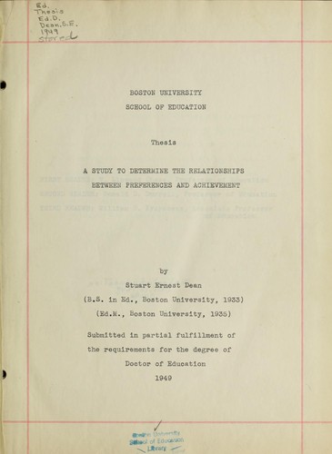 Cover for A study to determine the relationships between preferences and achievement