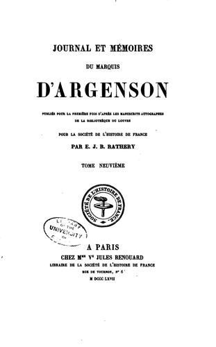 Cover for Journal et mémoires du marquis d'Argenson: publiés pour la première fois d ...