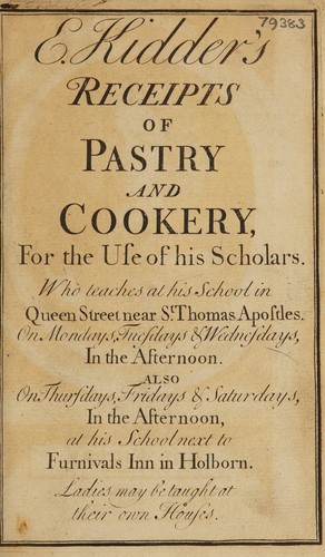Cover for Receipts of pastry and cookery, for the use of his scholars