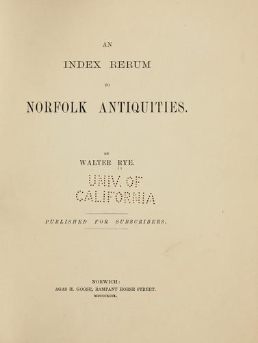Cover for An index rerum to Norfolk antiquities.