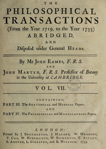 Cover for The philosophical transactions (from the year 1719, to the year 1733) abridged, and disposed under general heads
