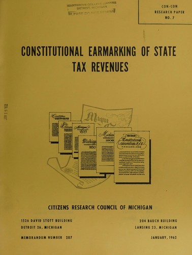 Cover for Constitutional earmarking of State tax revenues.