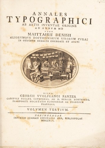 Cover for Annales typographici ab artis inventae origine ad annum MD [vols. VI-XI, ab anno MDI ad annum MDXXXVI continuati], post Maittairii, Denisii aliorumque