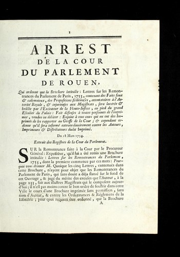 Cover for Arrest de la Cour du Parlement de Rouen
