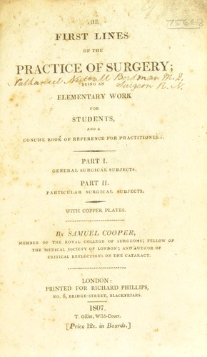 Cover for The first lines of surgery ... Being an elementary work for students, and a concise book of reference for practitioners. With copper plates
