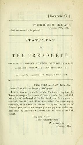 Cover for Statement of the treasurer, shewing the balance of state taxes due from each collector, from 1841 to 1846, inclusive, &c.
