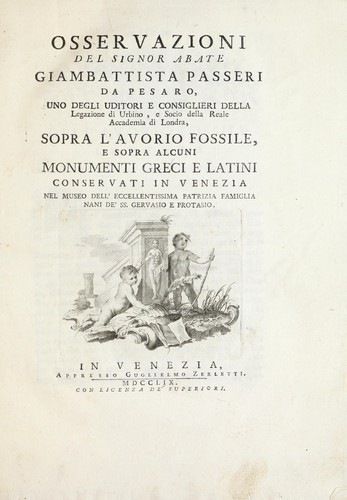 Cover for Osservazioni del signor abate Giambattista Passeri ... sopra l'avorio fossile, e sopra alcuni monumenti greci e latini, conservati in Venezia nel museo dell' eccellentissima patrizia famiglia Nani de' SS. Gervasio e Protasio