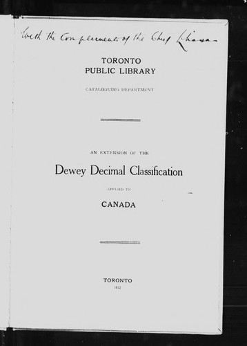 Cover for An extension of the Dewey decimal classification applied to Canada