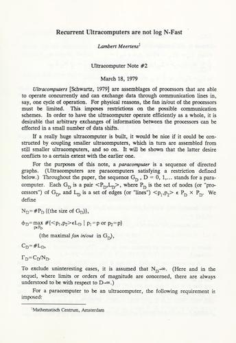 Cover for Recurrent ultracomputers are no long N-fast.