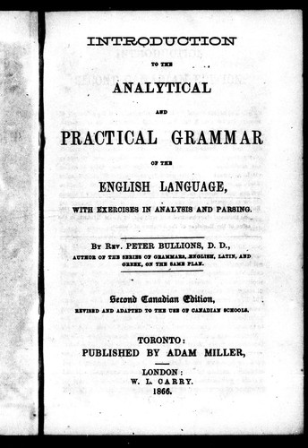Cover for Introduction to the analytical and practical grammar of the English language