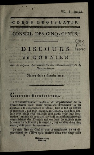 Cover for Discours de Dornier sur le de part des conscrits du de partement de la Haute-Saone