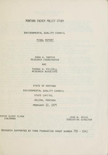 Cover for Montana energy policy study