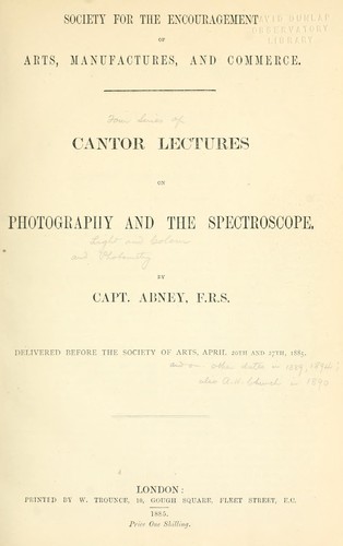 Cover for Cantor lectures on photography and the spectroscope